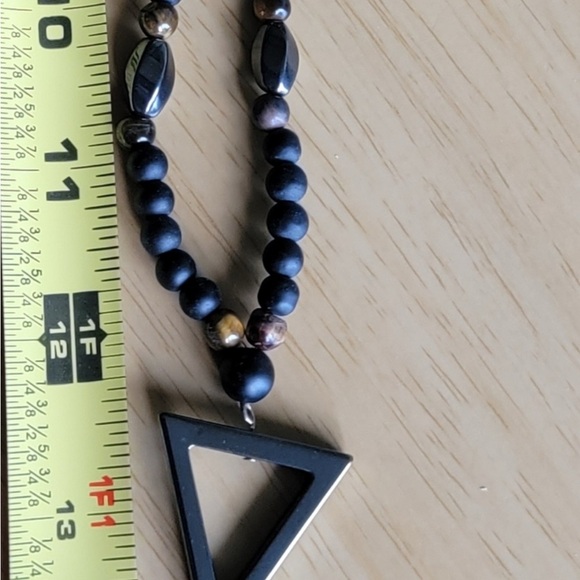 Black and Gold Hermatite and Lava Beaded Necklace with Triangle Pendant - Picture 6 of 7
